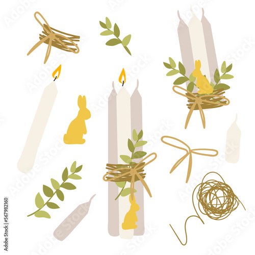 A set of Easter candles with fire and decor for table decoration. A bunch of simple white candles with a tourniquet and a branch. Vector illustration for postcards, banners on a white background