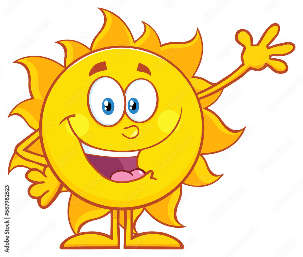 Happy Sun Cartoon Mascot Character Waving For Greeting. Hand Drawn Illustration Isolated On Transparent Background