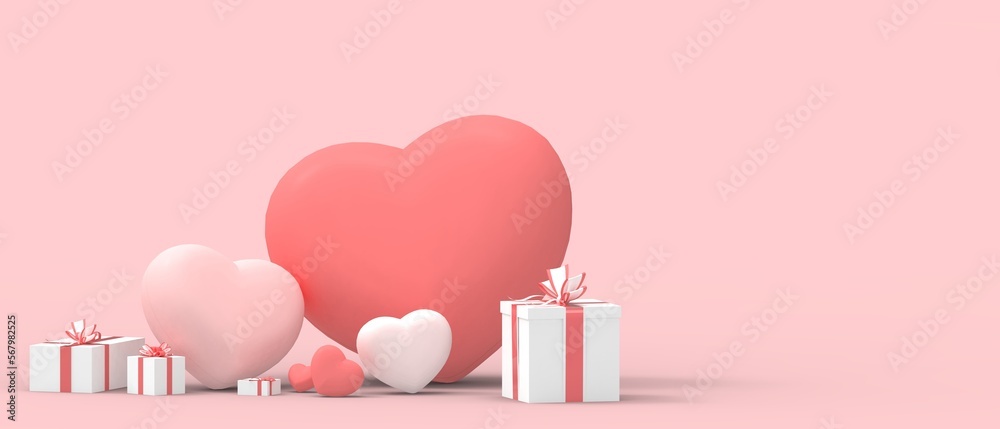 Happy Valentine's Day Greeting Card sells banner and Gift box with heart balloon for Love concept on pink background. Inspiration, Romantic, Anniversary, Wedding, brochure -3d Rendering