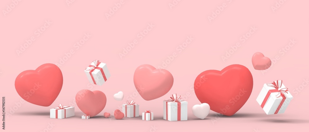 Happy Valentine's Day Greeting Card sells banner and Gift box with heart balloon for elements of love concept on pink background. Anniversary, Wedding, stylish, brochure, copy space -3d Rendering Happy Valentine's Day Greeting Card sells banner and Gift box with heart balloon for elements of love concept on pink background. Anniversary, Wedding, stylish, brochure, copy space -3d Rendering