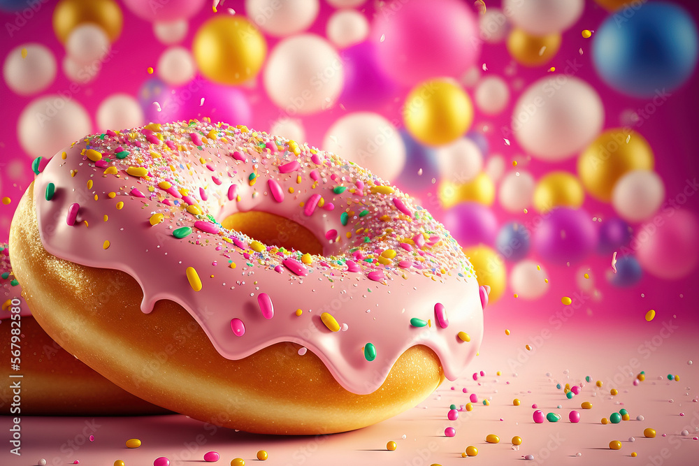 Carnival and party customs in Berlin. Donuts or German Krapfen decorated with confetti and streamers. Dazzling carnival or birthday image. Generative AI Carnival and party customs in Berlin. Donuts or German Krapfen decorated with confetti and streamers. Dazzling carnival or birthday image. Generative AI