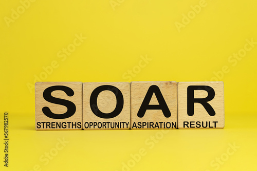 Business concept.,SOAR (Strategic Objective, Actions, Results) word on wooden cubes over yellow background.