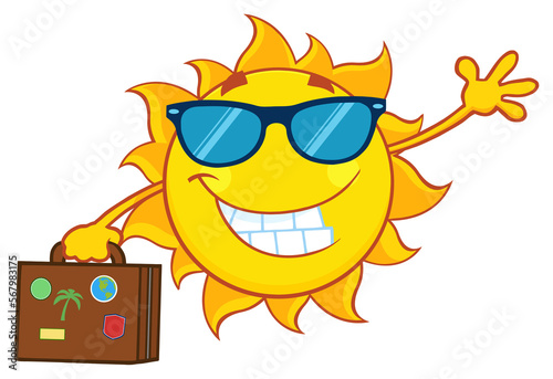 Smiling Summer Sun Cartoon Mascot Character With Sunglasses Carrying Suitcase And Waving. Hand Drawn Illustration Isolated On Transparent Background