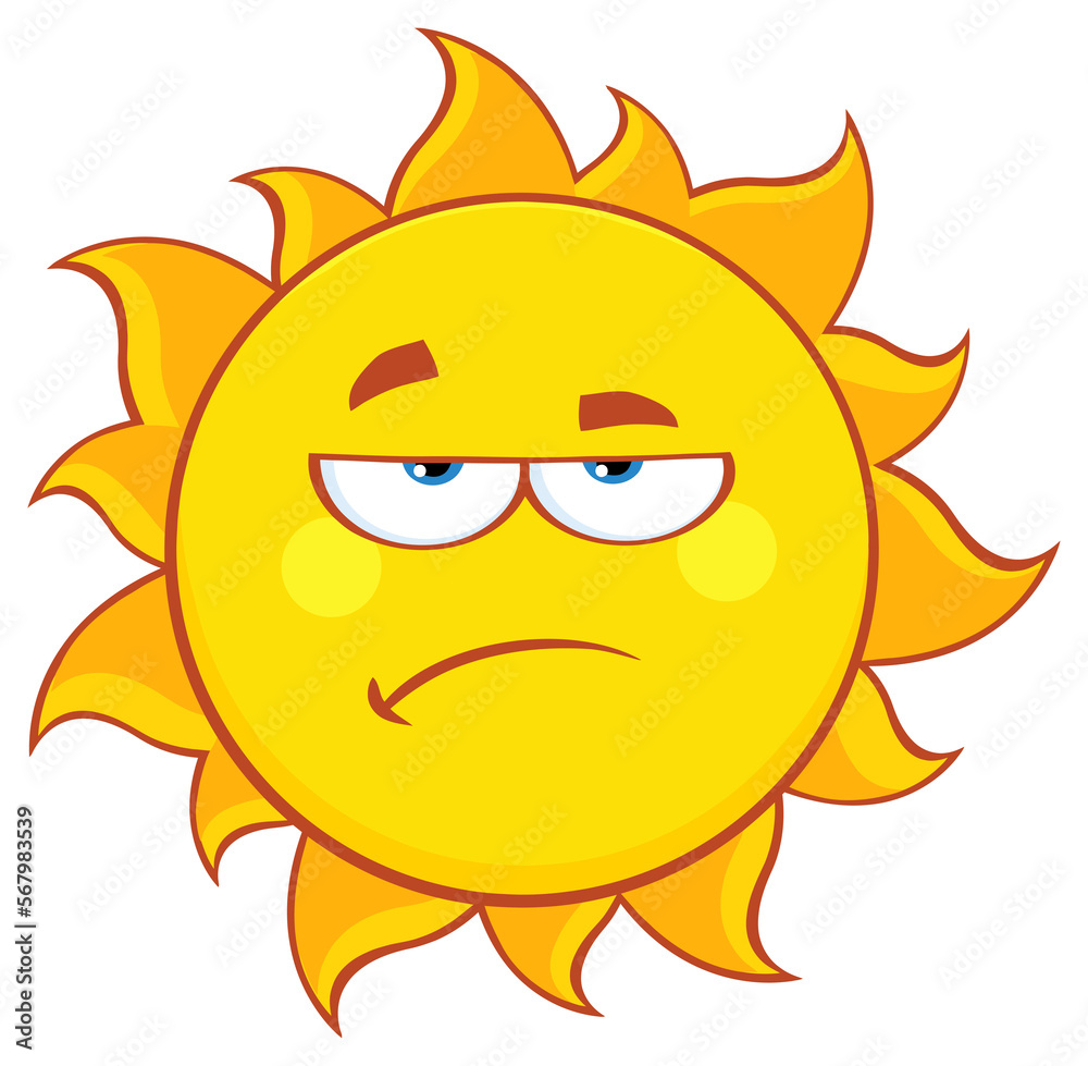 Grumpy Sun Cartoon Mascot Character. Hand Drawn Illustration Isolated On Transparent Background