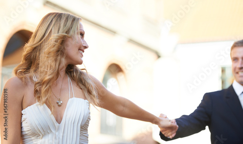 Free Download Happiness, woman holding hands with man and celebration for wedding, achievement and outdoor. Romance, couple touch hand or happy with romantic gesture, elegant or ceremony with smile or quality time - GFXLoad