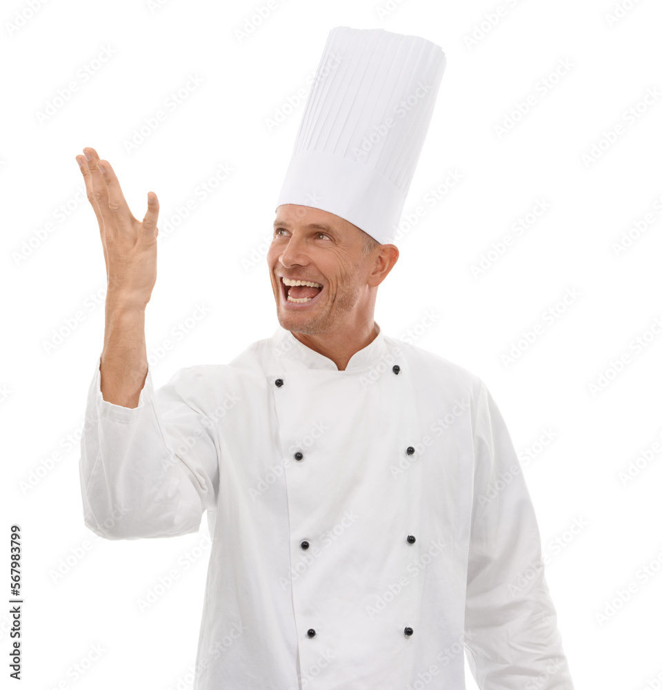 Man, chef and celebrating skill for taste, cooking or creation standing isolated on a white studio background. Happy male culinary artist or cuisinier in uniform with proud smile for food expertise Man, chef and celebrating skill for taste, cooking or creation standing isolated on a white studio background. Happy male culinary artist or cuisinier in uniform with proud smile for food expertise