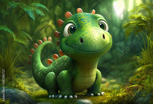 Cute smiling baby dinosaur in the jungle background in cartoon style.Adorable little dinosaur character.AI generated.