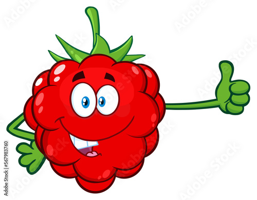 Red Raspberry Fruit Cartoon Mascot Character Giving A Thumb Up. Hand Drawn Illustration Isolated On Transparent Background