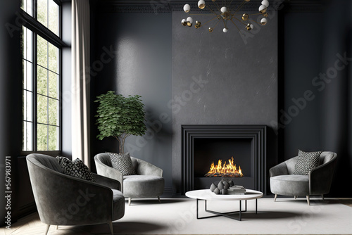 Rich lounge area in a large living room. Bright accent beige color chairs and a large fireplace. Luxury american style home interior. Plaster stucco dark gray wall microcement texture. Generative AI photo