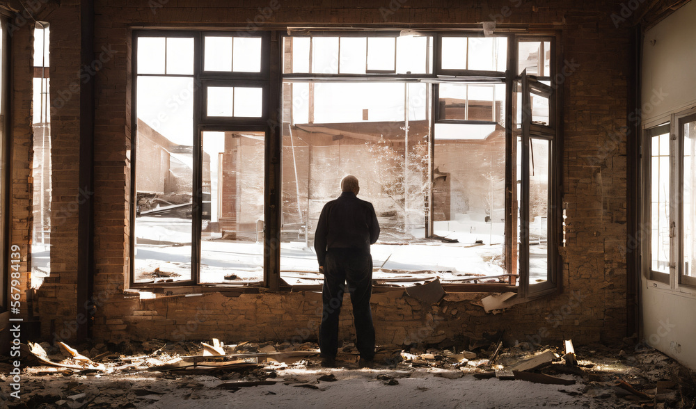 Fototapeta premium backview of an old man in an abandoned American skyscraper wih giant windows in the background - AI Generative