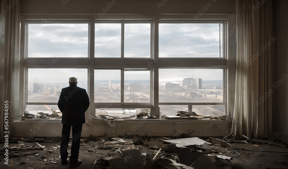 Fototapeta premium backview of an old man in an abandoned American appartment with giant windows in the background - AI Generative
