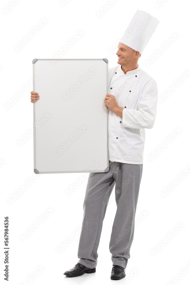 Chef man with board isolated on a white background for empty menu, design mockup and career services. Professional culinary, cooking or bakery person with whiteboard presentation for ideas mock up Chef man with board isolated on a white background for empty menu, design mockup and career services. Professional culinary, cooking or bakery person with whiteboard presentation for ideas mock up