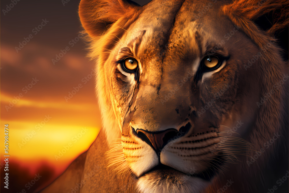 Fototapeta premium Lioness wallpaper. Carnivorous African mammal. Panthera leo. Generative AI.
