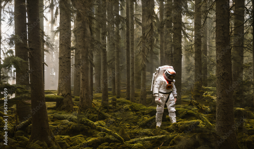 a man in an astronaut suit standing in a snowy forest - AI Generated