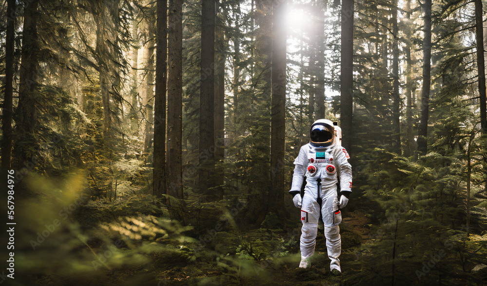 a man in an astronaut suit standing in a snowy forest - AI Generated