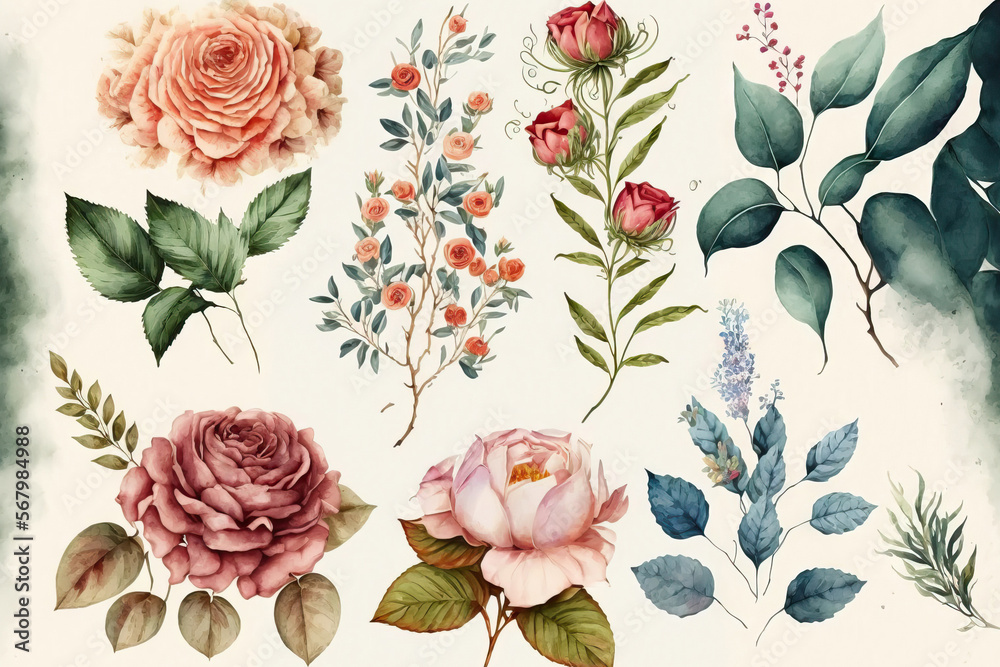 Watercolor flowers and leaves can be used as backgrounds for summer greeting cards, wedding invitations, and birthday invitations. Generative AI