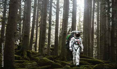a man in an astronaut suit standing in a snowy forest - AI Generated