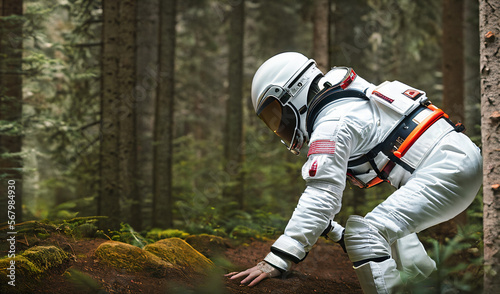 a man in an astronaut suit standing in a snowy forest - AI Generated
