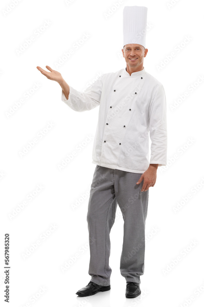Chef, full body portrait and man mockup, product placement and confident smile isolated on white background. Happy executive cook in uniform, menu presentation and small business discount in studio. Chef, full body portrait and man mockup, product placement and confident smile isolated on white background. Happy executive cook in uniform, menu presentation and small business discount in studio.