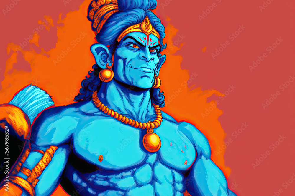 Fototapeta premium Indian God Lord Hanuman on a blue background. Generative AI