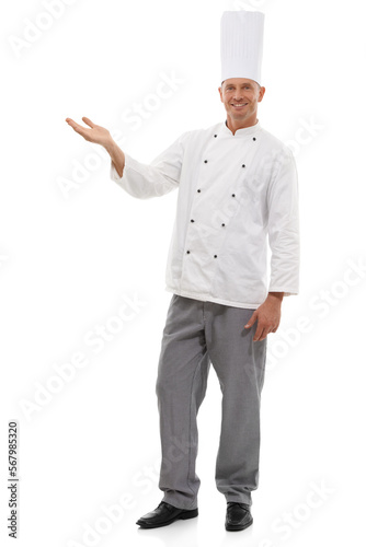 Chef, full body portrait and man mockup, product placement and confident smile isolated on white background. Happy executive cook in uniform, menu presentation and small business discount in studio.