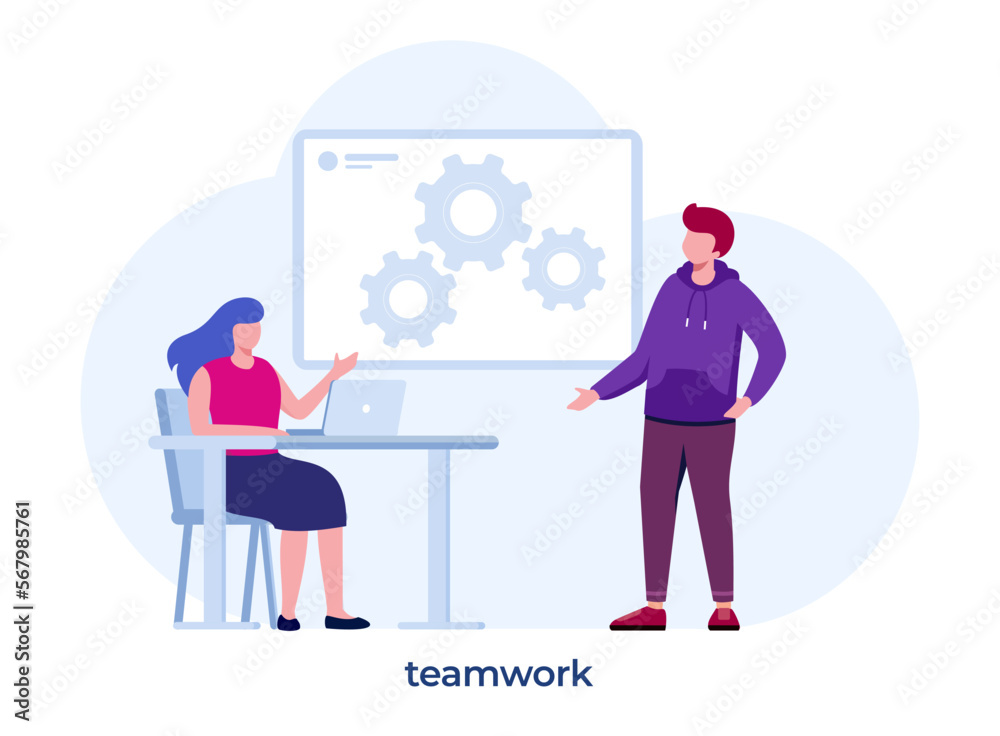 Team work concept, men and woman collaboration business, gear, startup, business people flat design vector