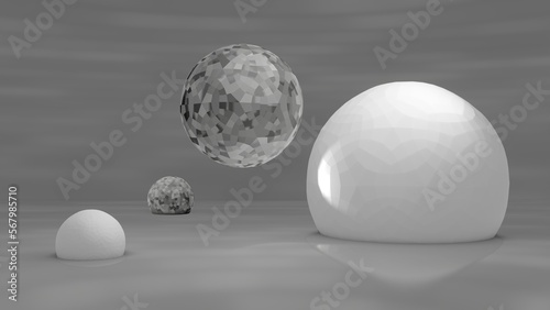 3d render  black and white cosmic desert background. Floating and lying white and crystal spheres. Abstract round shapes scene. Geometric object composition. Futuristic landscape wallpaper.