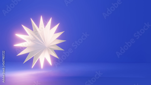 3d render, floating glowing pointed star on dark blue background. Abstract shapes scene. Geometric object composition. Futuristic cosmic landscape wallpaper. Horizontal banner with text space.