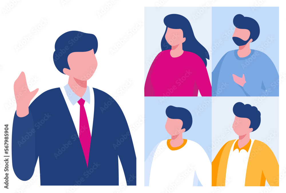 Online meeting concept. People on computer screen taking with colleague. Videoconferencing and online meeting workspace vector page Online meeting concept. People on computer screen taking with colleague. Videoconferencing and online meeting workspace vector page