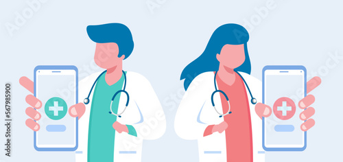 Young professional doctors. Vector illustration of doctors with medical background. Flat vector banner template