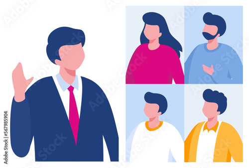 Online meeting concept. People on computer screen taking with colleague. Videoconferencing and online meeting workspace vector page