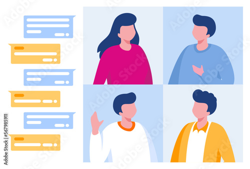 Online meeting concept. People on computer screen taking with colleague. Videoconferencing and online meeting workspace vector page