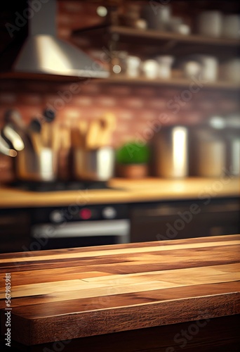 Wood table top on blur kitchen counter  room  in background . copy spacy for product. AI Generative