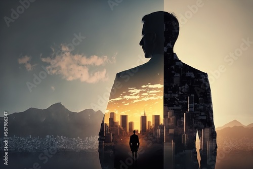 Double exposure businessman standing against modern city background. AI