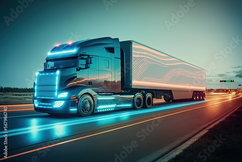 A futuristic truck with an autopilot delivers goods to a warehouse. AI