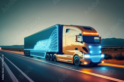 A futuristic truck with an autopilot delivers goods to a warehouse. AI