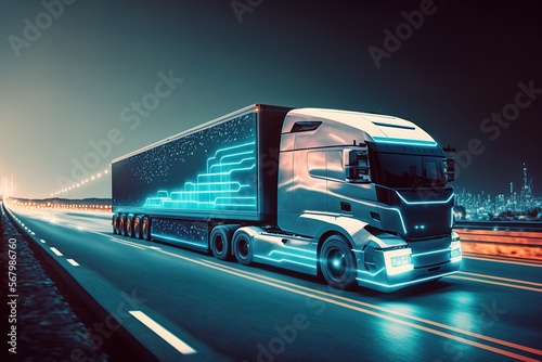 A futuristic truck with an autopilot delivers goods to a warehouse. AI © DZMITRY