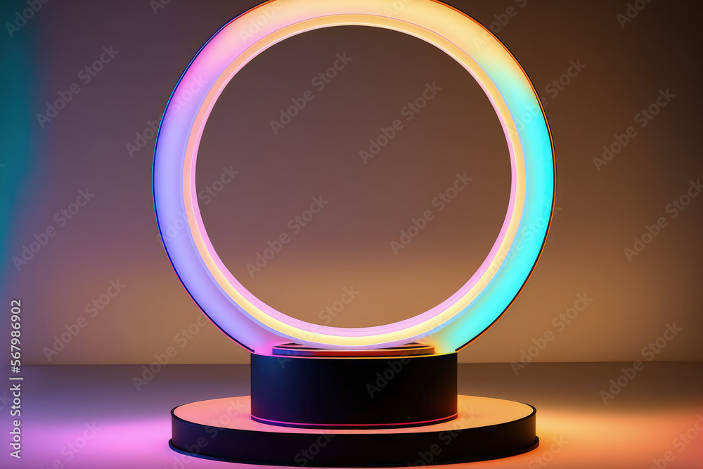 pedestal for displays with a neon circle backdrop. Generative AI pedestal for displays with a neon circle backdrop. Generative AI