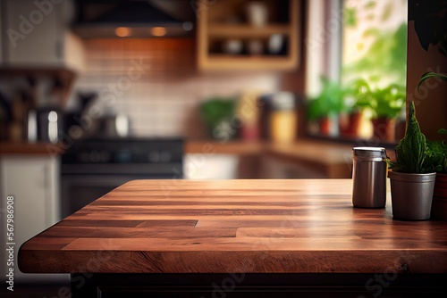 Wood table top on blur kitchen counter (room) in background . copy spacy for product. AI Generative © ZoomTeam