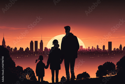 Silhouette of a father, mother, and their daughter having a good time outside of the city on a hill at sunset with a lovely view of the city; the father and mother are holding the girl by the s while