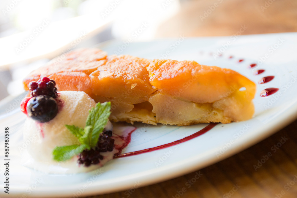 Tarte Tatin is a variant of apple pie in which the apples have been caramelized in butter and sugar before being incorporated into the dough. Tarte Tatin is a variant of apple pie in which the apples have been caramelized in butter and sugar before being incorporated into the dough.