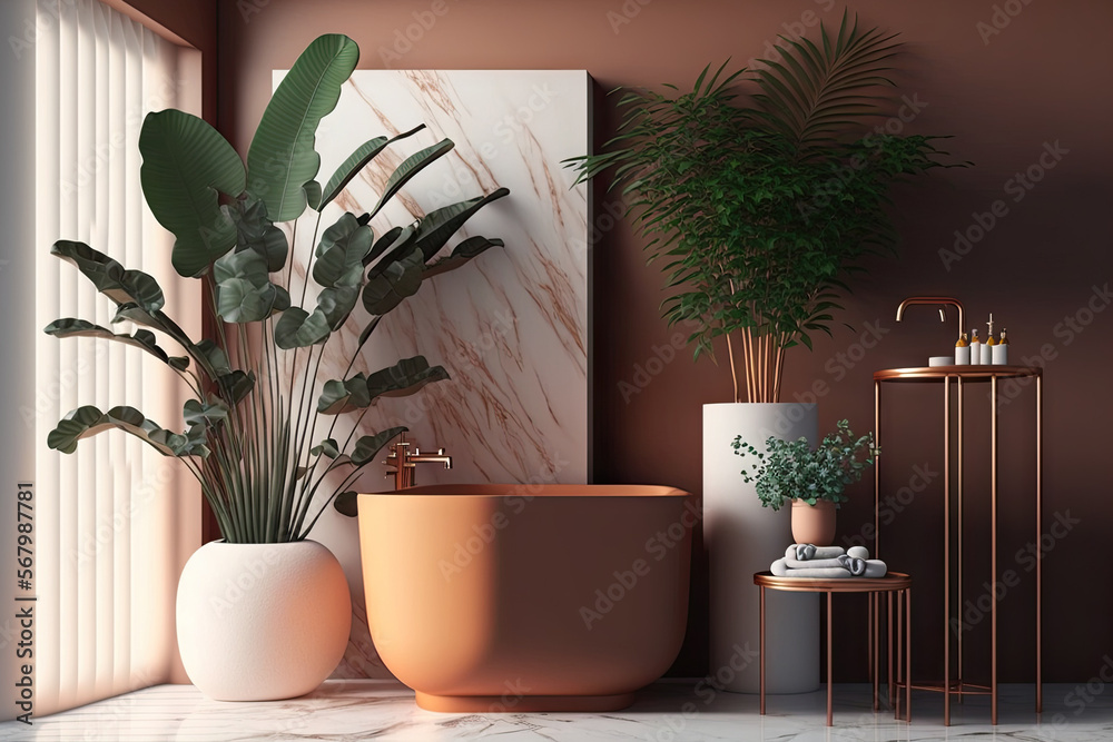 Realistic stylish bathroom, Beautiful modern matte brown ceramic