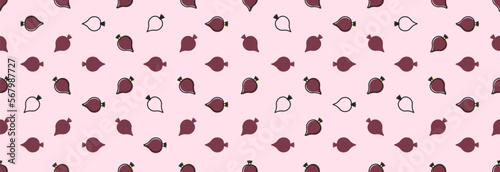 Many red beets scattered on a light pink background. Seamless pattern. Paper wrapper or background for business.