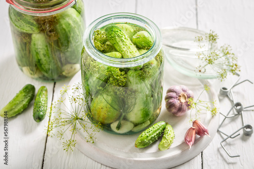 Natural and healthy pickled cucumber in jar with herbs.