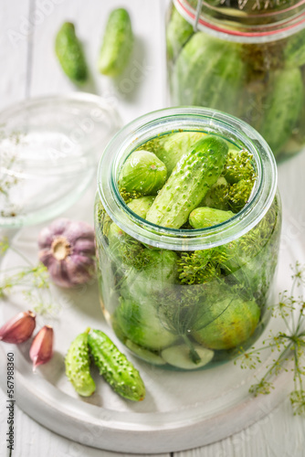 Healthy pickled cucumber made of green vegetables and dill.