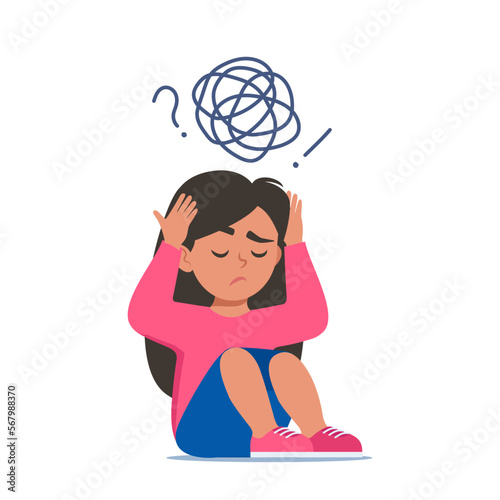 Sad girl sitting on floor surrounded by stream of anxious thoughts. Autism, child stress, mental disorder, anxiety, depression, stress, headache. Vector illustration.