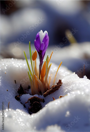 Macro tilt-shift, first signs of spring, a purple crocus grows from a snow covered field. AI generated art illustration.