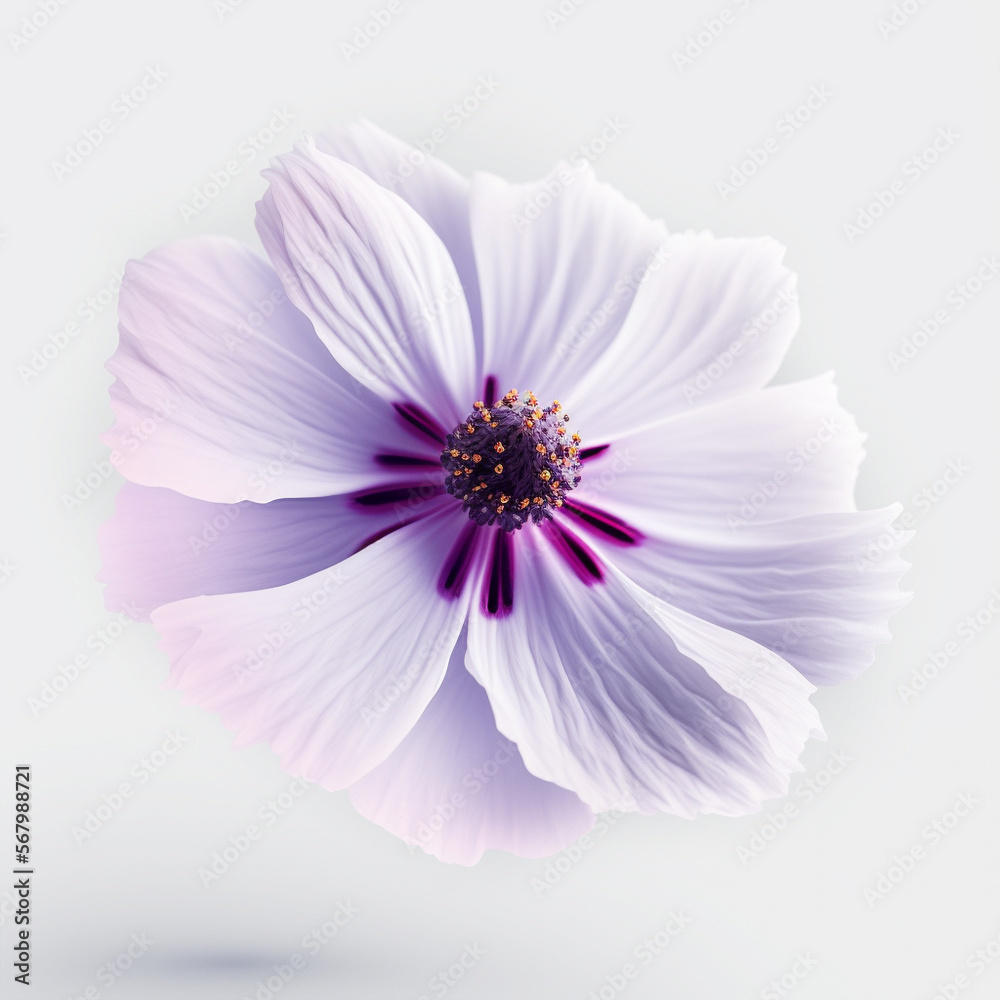 Beauty and detail, light purple wooden cosmos flowers, petals, beauty, against a clean white background, generative AI. Beauty and detail, light purple wooden cosmos flowers, petals, beauty, against a clean white background, generative AI.
