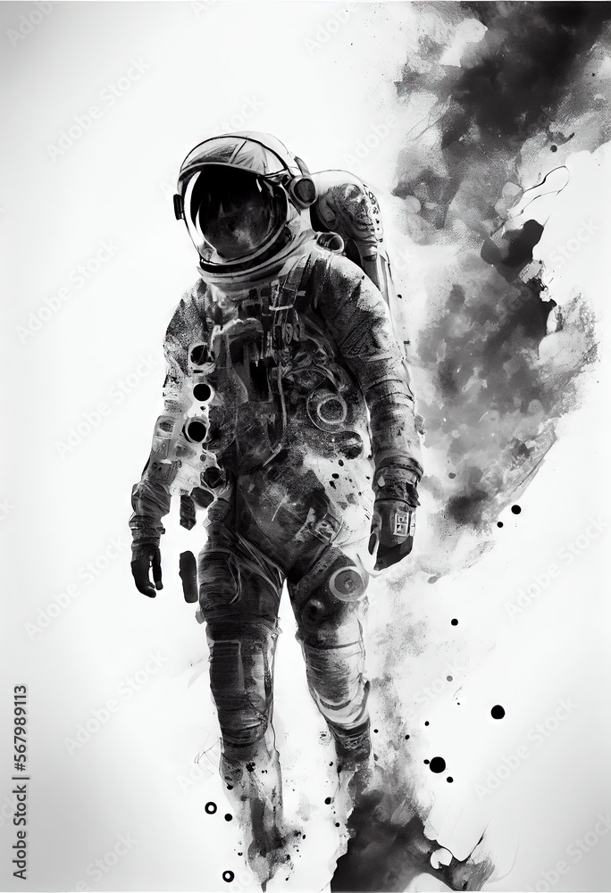 Fototapeta premium Impasto, Sci-fi, Full-length Whole body portrait, Anime character, Astronaut with a blurred face, AI generated art illustration. 