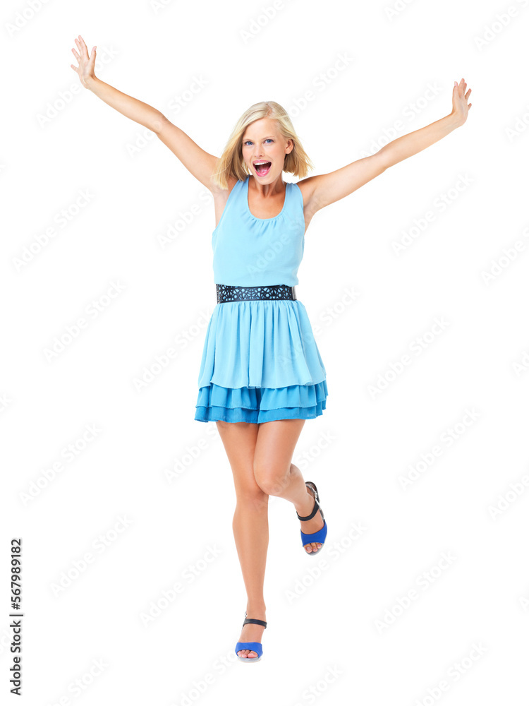 Isolated, winner and success with portrait of woman and mockup for celebration, motivation and energy. Freedom, happy and goals with girl on white background studio for party, confident and deal Isolated, winner and success with portrait of woman and mockup for celebration, motivation and energy. Freedom, happy and goals with girl on white background studio for party, confident and deal